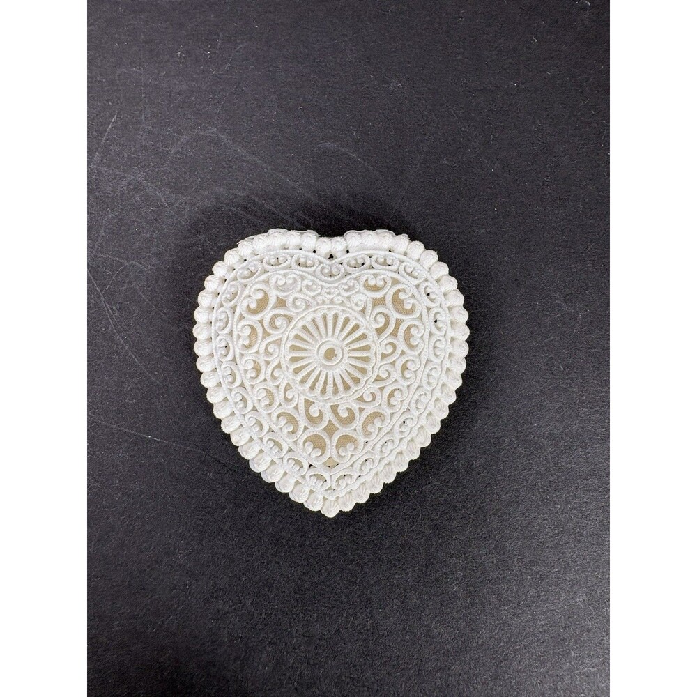 Vintage Lacy Heart Ring Holder Dennison USA Ivory White Celluloid Plastic MCM